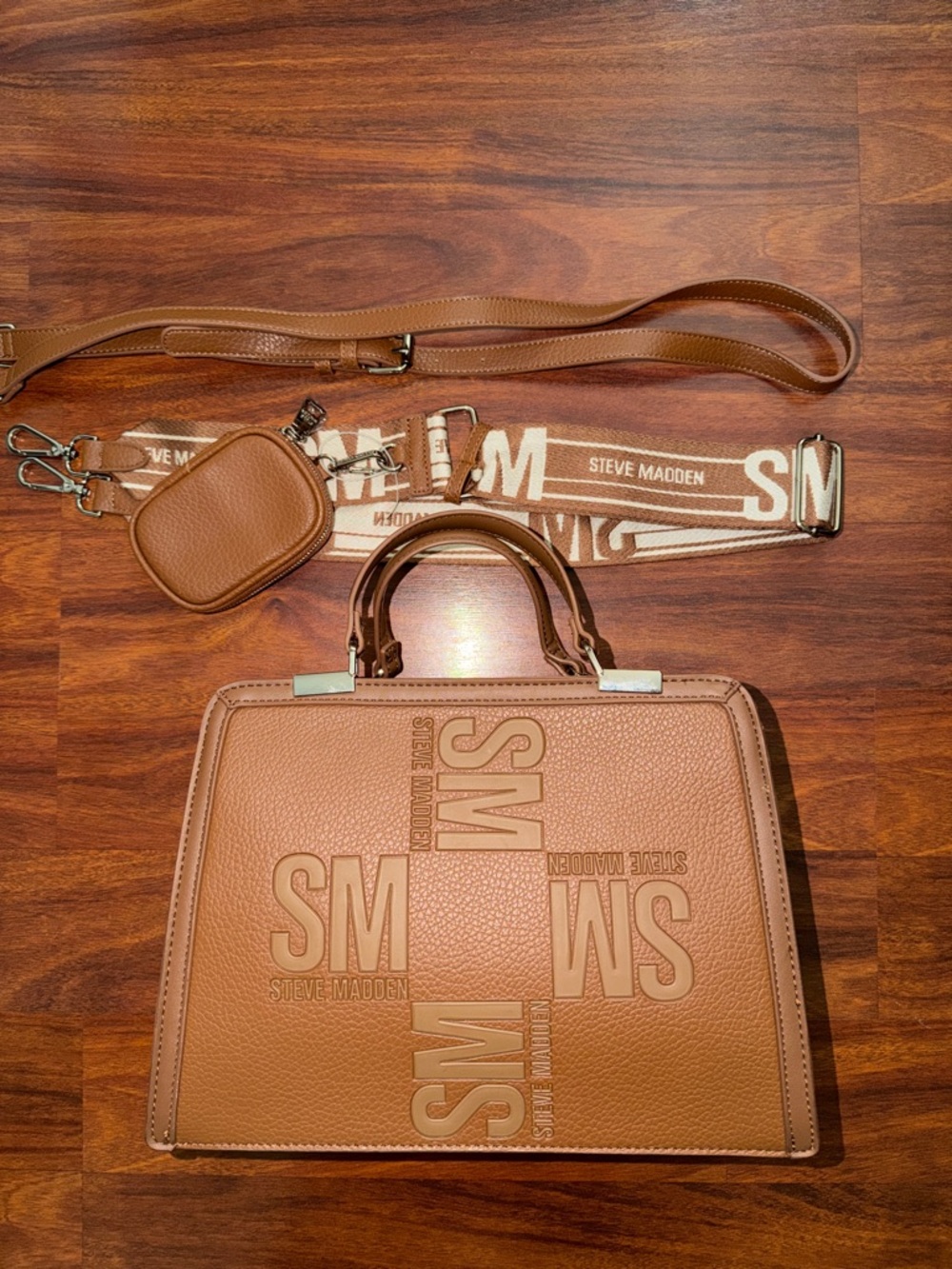 Steve Madden Tan SM Embossed Satchel with Logo Strap